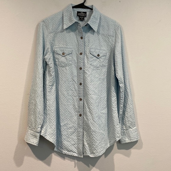 Angie Tops - Angie Baby Blue Polka Dot Button Up Long Sleeve Collared Blouse - Size Small